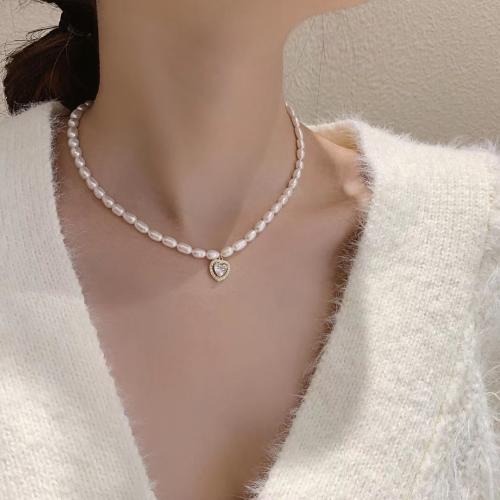 Collar de Perlas Natural de Freshwater, Perlas cultivadas de agua dulce, con cúbica circonia & aleación de zinc, chapado, para mujer, longitud 41 cm, Vendido por UD