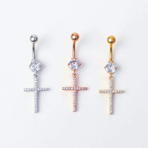 Mässing belly ring, Cross, plated, Unisex & micro bana cubic zirconia, fler färger för val, 50mm, Säljs av PC