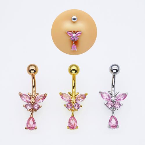 Brass Belly Ring with 304 Stainless Steel Butterfly plated Unisex & micro pave cubic zirconia belly ring length 25-30mm Sold By PC