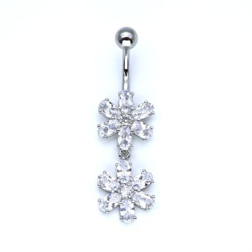 Brass Belly Ring with 304 Stainless Steel Flower plated & micro pave cubic zirconia & for woman belly ring length 20-50mm Sold By PC