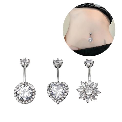 Brass Belly Ring platinum plated & micro pave cubic zirconia & for woman 10mm Sold By PC