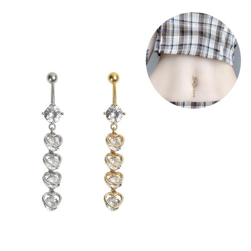 Brass Belly Ring with 304 Stainless Steel Heart plated micro pave cubic zirconia & for woman Sold By PC