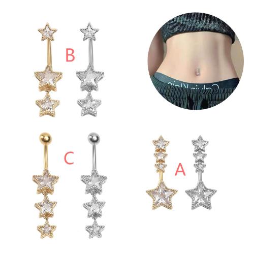 Messing Bauchnabelpiercing, mit 304 Edelstahl, Stern, plattiert, verschiedene Stile für Wahl & Micro pave Zirkonia & für Frau, belly ring length 30-60mm, verkauft von PC