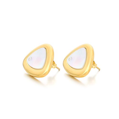 Boucle d'oreille de gaujon en acier inoxydable, Acier inoxydable 304, avec coquille, triangle, bijoux de mode & pour femme & avec strass, plus de couleurs à choisir, 20x17mm, Vendu par paire