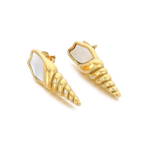 Rostfritt stål Stud Örhängen, 304 rostfritt stål, med Shell, Trumpetsnäcka, mode smycken & för kvinna & med strass, fler färger för val, 30x10mm, Säljs av Par