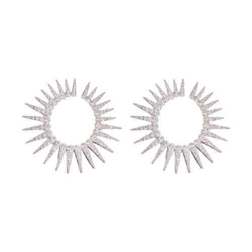 Boucle d'oreille dormeuse en alliage de zinc, bijoux de mode & pour femme & avec strass, argent, 59x59mm, Vendu par paire