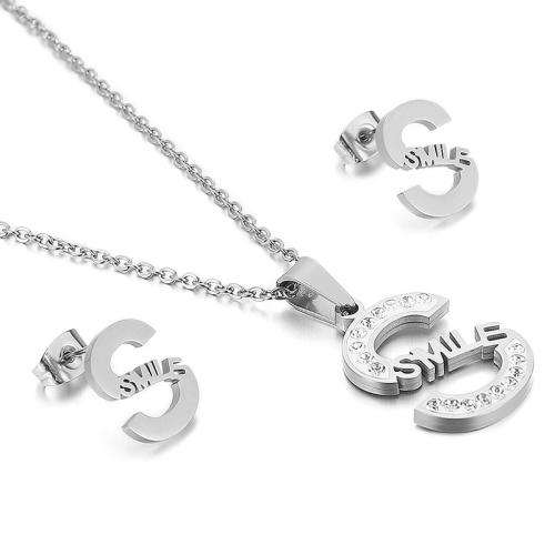 Rhinestone Stainless Steel Jewelry Set Stud Earring & necklace 304 Stainless Steel Letter S Vacuum Ion Plating fashion jewelry & for woman & with rhinestone Sold By Set