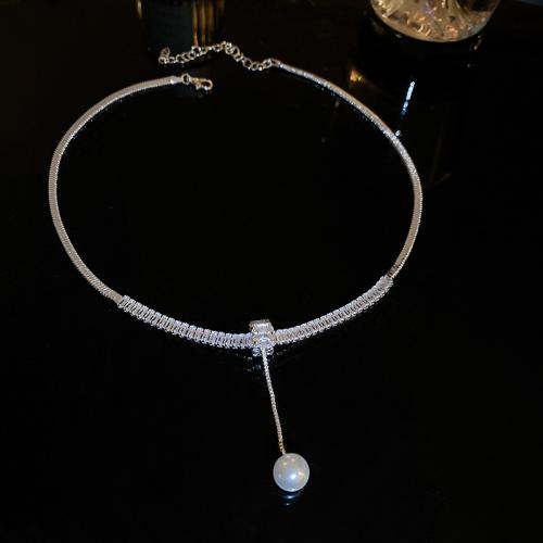 Collana in ottone di stesa Micro zircone cubico, with perla in plastica, with 9.6cm extender chain, gioielli di moda & Micro spianare cubic zirconia & per la donna, argento, Lunghezza Appross. 37 cm, Venduto da PC