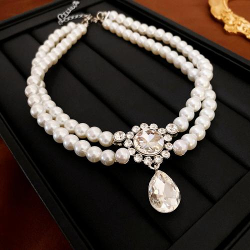 Plastic Pearl Necklace Zinc Alloy with Plastic Pearl with 11cm extender chain Double Layer & for woman & with rhinestone silver color Length Approx 33 cm Sold By PC