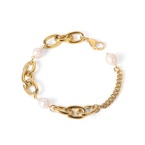 Pulseira de pérola cultivada da água doce , Aço inoxidável 304, with Pérolas de água doce, with 5cm extender chain, banhado, joias de moda & para mulher, dourado, comprimento 19 cm, vendido por PC