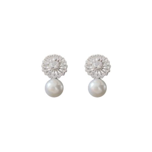 Cubic Zirconia Micro Pave Brass Earring with Plastic Pearl Flower fashion jewelry & micro pave cubic zirconia & for woman golden Sold By Pair