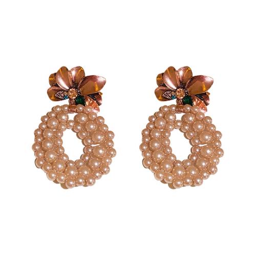 Zinc Alloy Drop Earrings with Plastic Pearl plated for woman & with rhinestone & hollow rose gold color Sold By Pair