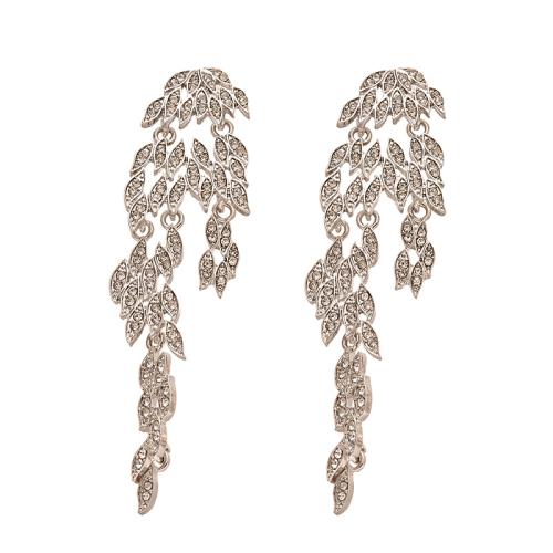 Zinc Alloy Drop Earrings Leaf for woman & with rhinestone & hollow silver color Sold By Pair