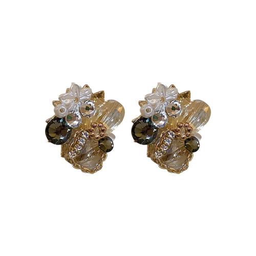 Pendientes de Cristal, metal, con Cristal, Flor, Joyería & para mujer & con diamantes de imitación, dorado, Vendido por Par