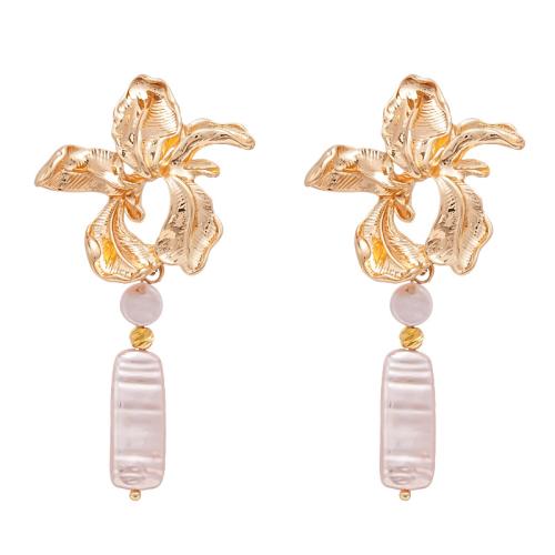 Pendientes de Aleación de Zinc, con Shell Pearl, chapado, Joyería & para mujer & hueco, dorado, Vendido por Par