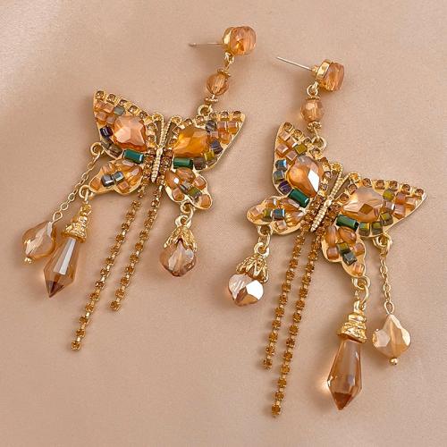 Clover Earrings Zinc Alloy with Crystal & Brass Butterfly for woman & with rhinestone & hollow golden Sold By Pair