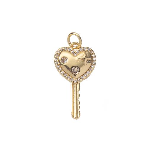 Cubic Zirconia Micro Pave Brass Pendant Key gold color plated DIY & micro pave cubic zirconia nickel lead & cadmium free Sold By PC