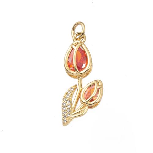 Cubique Pendentif en laiton zircon pavent, fleur, Placage de couleur d'or, DIY & pavé de micro zircon, protéger l'environnement, sans nickel, plomb et cadmium, 10x4x28mm, Vendu par PC