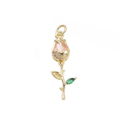 Cubique Pendentif en laiton zircon pavent, fleur, Placage de couleur d'or, DIY & pavé de micro zircon, protéger l'environnement, sans nickel, plomb et cadmium, 16x9x22mm, Vendu par PC