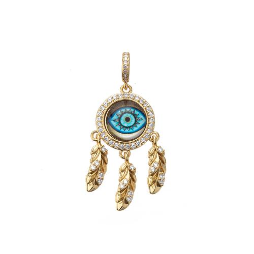 Cubic Zirconia Micro Pave Brass Pendant Round gold color plated DIY & evil eye pattern & micro pave cubic zirconia nickel lead & cadmium free Sold By PC