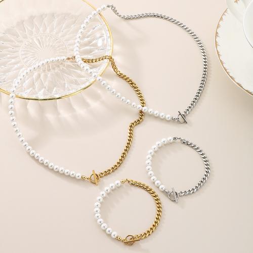 Fashion Stainless Steel Jewelry Sets 304 Stainless Steel with Plastic Pearl plated fashion jewelry Sold By PC