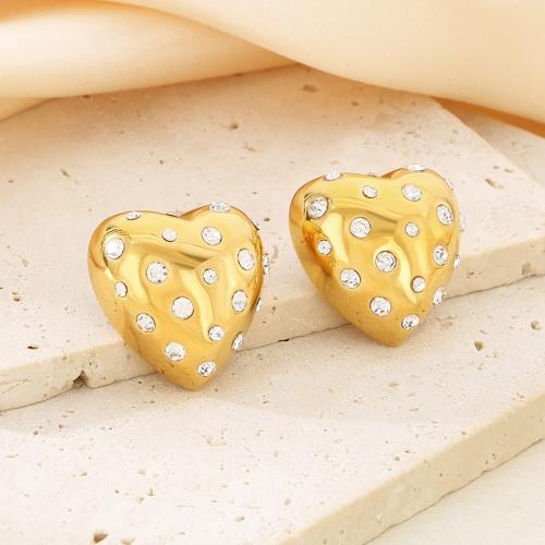 Stainless Steel Stud Earrings 304 Stainless Steel Heart plated fashion jewelry & with rhinestone Sold By Pair