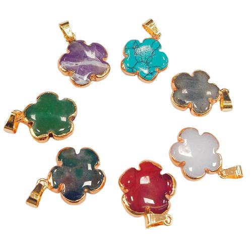 Gemstone Pendants Jewelry Natural Stone with Brass Flower gold color plated DIY nickel lead & cadmium free 20mm Sold By PC