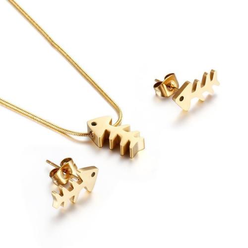 Fashion Stainless Steel Jewelry Sets Stud Earring & necklace 304 Stainless Steel Fish Bone Vacuum Ion Plating fashion jewelry & for woman Sold By Set