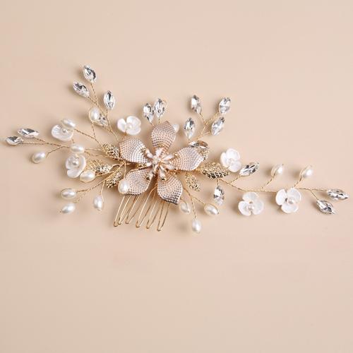 Decorative Hair Combs Zinc Alloy with brass wire & Polymer Clay & Crystal & Plastic Pearl handmade fashion jewelry & for woman golden Sold By PC