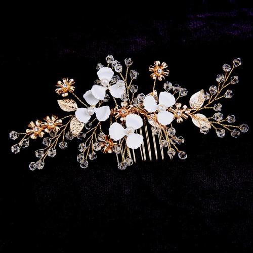 Ozdobne grzebienie, Stop cynku, ze Druty mosiężne & Glina polimerowa & Kryształ & Perła plastikowa, Ręcznie robione, biżuteria moda & dla kobiety & z kamieniem, złoty, 150x70x15mm, sprzedane przez PC