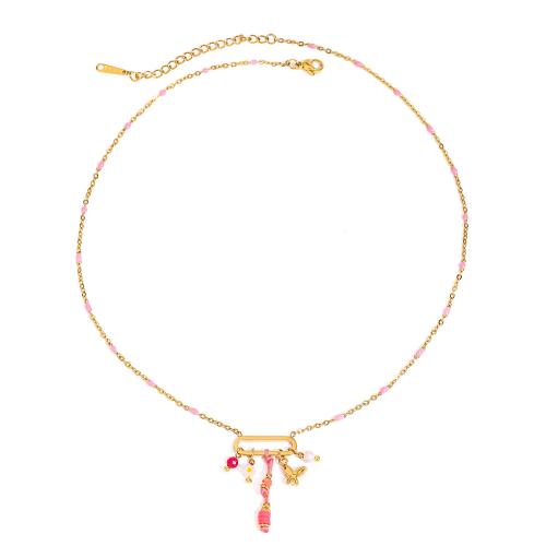 Stainless Steel Jewelry Necklace 304 Stainless Steel with Crystal gold color plated fashion jewelry & enamel golden Sold By PC