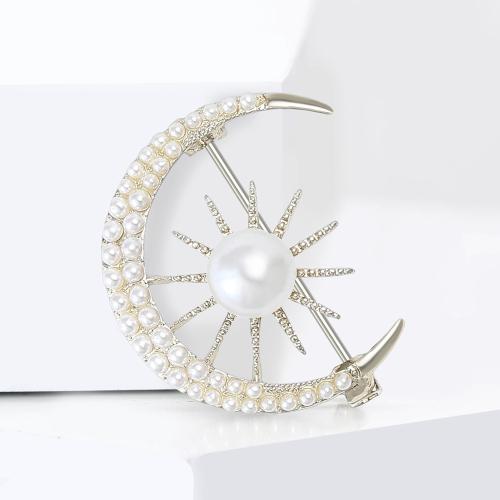 Zinc Alloy Brooches with Plastic Pearl Moon gold color plated for woman & with rhinestone nickel lead & cadmium free Sold By PC