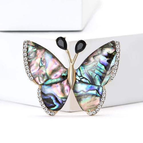 Shell Broche, Abalone Shell, med Zinc Alloy, Butterfly, guldfarve belagt, for kvinde & med rhinestone, nikkel, bly & cadmium fri, 40x32mm, Solgt af PC