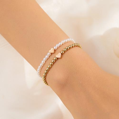 Messing Armbanden, met Copper Coated Plastic & Plastic Pearl, gold plated, verschillende stijlen voor de keuze & voor vrouw, meer kleuren voor de keuze, Verkocht door Stel