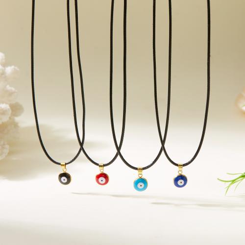 Zinklegering halskettingen, Zinc Alloy, met lederen koord, Ronde, gold plated, boze oog patroon & voor vrouw & glazuur, meer kleuren voor de keuze, nikkel, lood en cadmium vrij, Lengte 45 cm, Verkocht door PC