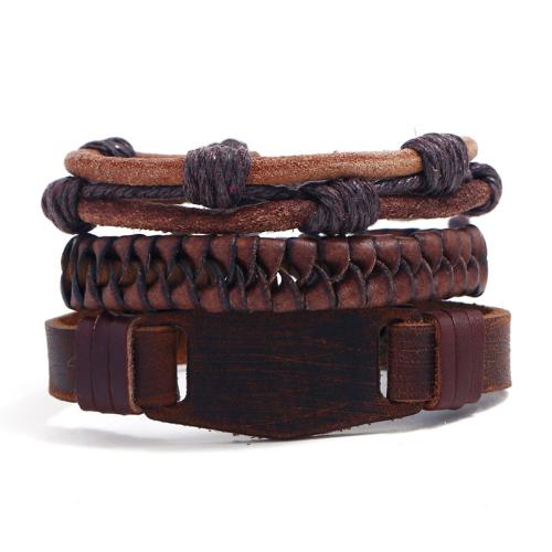 Cowhide Bracelet with Linen & PU Leather handmade three pieces & fashion jewelry & for man about 6cm. Sold By Set