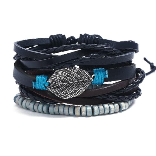 Cowhide Bracelet with PU Leather & Wax Cord & Wood handmade 4 pieces & fashion jewelry & for man black about 6cm. Sold By Set