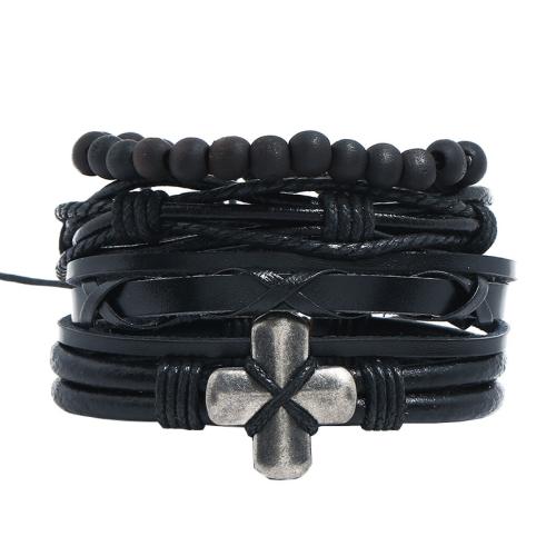 PU Βραχιόλια Cord, με Κάνναβις & Βακέτα & Ξύλο & Κράμα ψευδάργυρου, χειροποίητο, 4 τεμάχια & κοσμήματα μόδας & για άνδρες και γυναίκες, μαύρος, Diameter: about 6cm., Sold Με Ορισμός