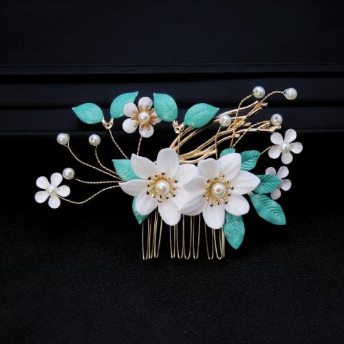 Svatební Dekorativní vlasy hřeben, Zinek, s mosazný drát & Polymer Clay & Plastové Pearl, á, módní šperky & ruční práce & pro ženy, zlatý, 110x65mm, Prodáno By PC