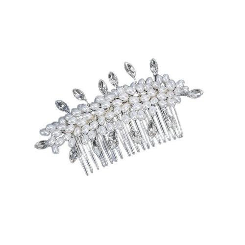 Bridal Decorative Hair Comb Zinc Alloy with brass wire & Crystal & Plastic Pearl handmade fashion jewelry & for woman silver color Sold By PC