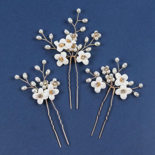Bridal Hair Pins Zinc Alloy with brass wire & Polymer Clay & Plastic Pearl handmade three pieces & for woman & with rhinestone Sold By Set