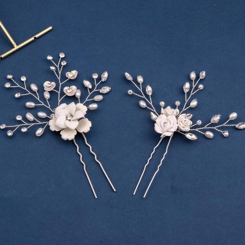 Bridal Hair Pins Zinc Alloy with brass wire & Polymer Clay & Plastic Pearl handmade & for woman & with rhinestone silver color Sold By PC