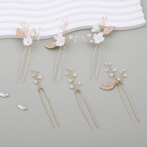 Horquillas para el Pelo Novia, aleación de zinc, con alambre de latón & Arcilla polimero & Perlas plásticas, hecho a mano, 6 piezas & Joyería & para mujer & con diamantes de imitación, oro, Vendido por Set