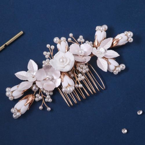 Bridal Decorative Hair Comb Zinc Alloy with brass wire & Polymer Clay & Plastic Pearl handmade fashion jewelry & for woman Crystal Gold Sold By PC