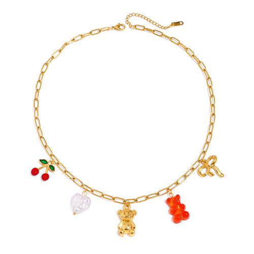 Roestvrij staal halskettingen, 304 roestvrij staal, met Hars & Plastic Pearl, 18K verguld, mode sieraden & voor vrouw & glazuur, Verkocht door PC