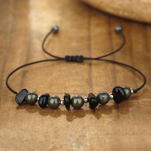 Bracelets de pierres précieuses, Pierre naturelle, avec corde de cire & laiton, fait à la main, bijoux de mode & unisexe, noire, Vendu par PC