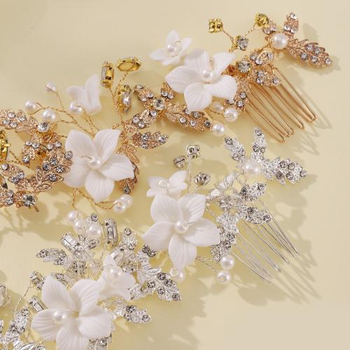 Bruids decoratieve kammen, Zinc Alloy, met koperdraad & Polymer Clay & Plastic Pearl, plated, handgemaakt & voor vrouw & met strass, meer kleuren voor de keuze, 145x85mm, Verkocht door PC