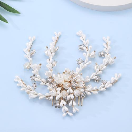 Brude Dekorative hår kam, Zinc Alloy, med messingtråd & Plastic Pearl, håndlavet, mode smykker & for kvinde & med rhinestone, guld, 165x60mm, Solgt af PC