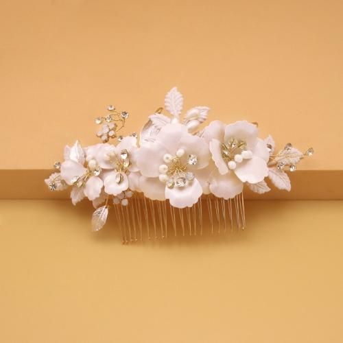 Svatební Dekorativní vlasy hřeben, Zinek, s Seedbead & mosazný drát & Polymer Clay & Krystal, á, módní šperky & ruční práce & pro ženy, zlato, 140x80mm, Prodáno By PC