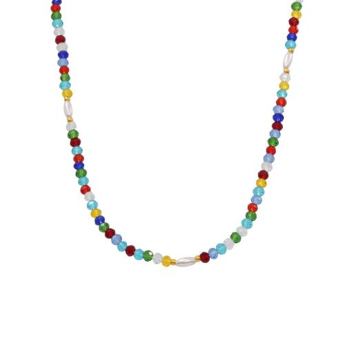 Colar de pérolas de plástico, Aço inoxidável 304, with Pedra natural & Concha de resina, with 2.7 Inch extender chain, banhado, joias de moda & para mulher, multi colorido, comprimento 14.9 inchaltura, vendido por PC